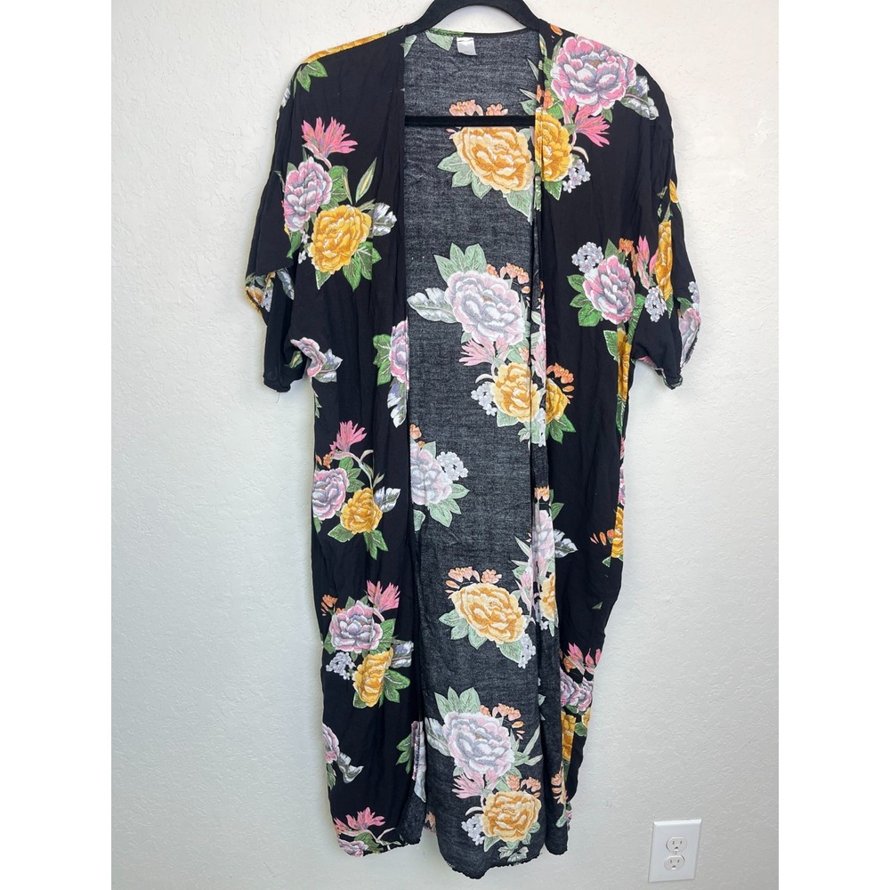 Floral Kimono Cardigan Black Viscose Boho Oversized Size M/L